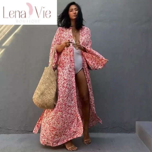 Lena Vie Boutique Other - Palie Pink Leopard Long Cotton Kimono Duster, Leopard Beach Maxi Coverup, S-3X